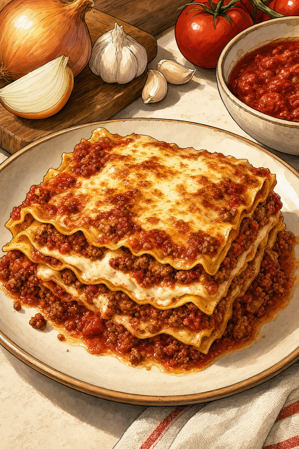 Lasagna Bolognese illustrated recipe card