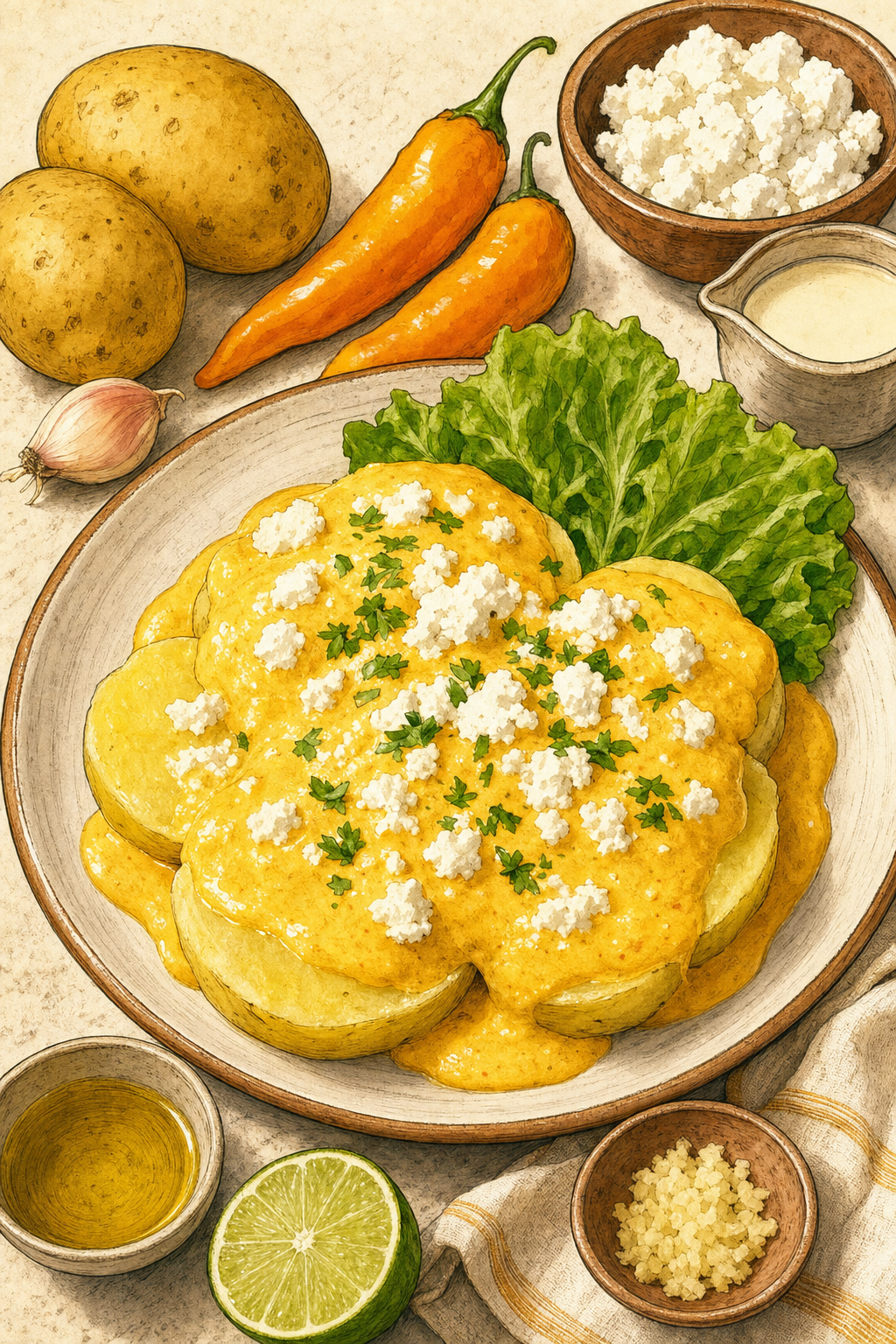 Papa a la Huancaina illustrated recipe card