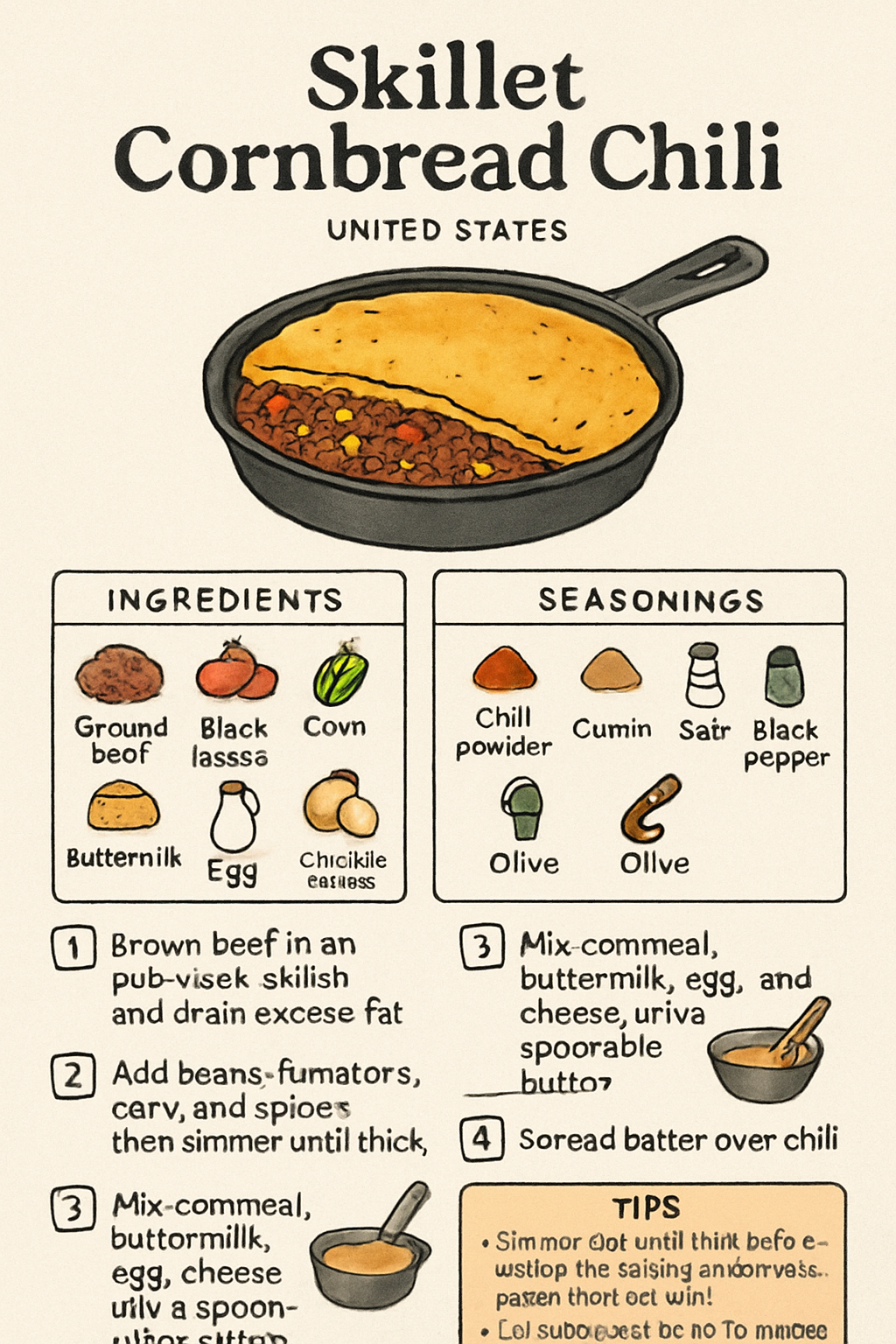 Skillet Cornbread Chili illustrated recipe card